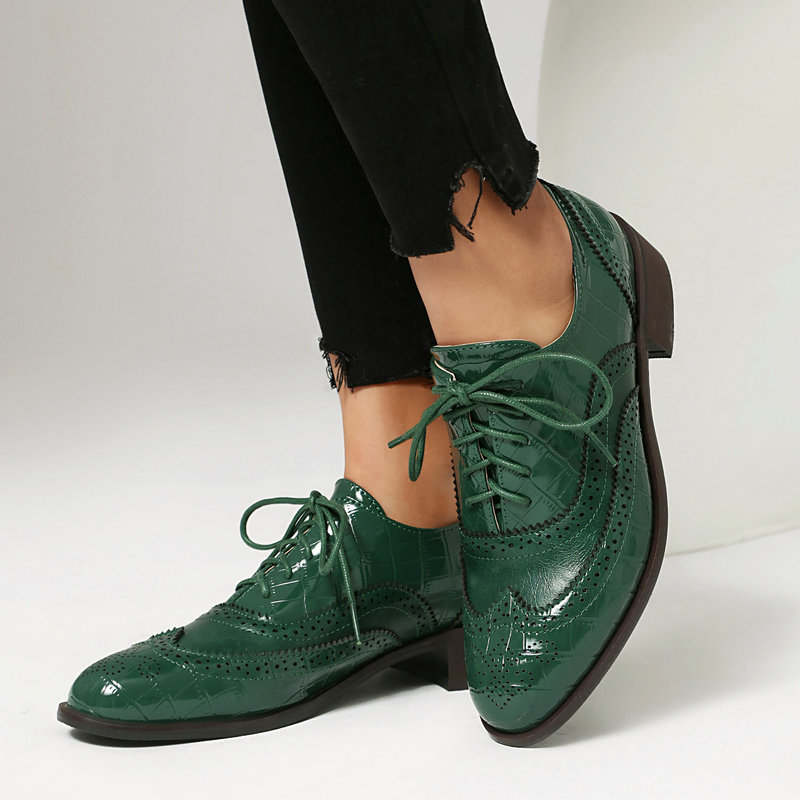 Patent Leather Oxford - Women Stone Print Brogue Oxford Shoes