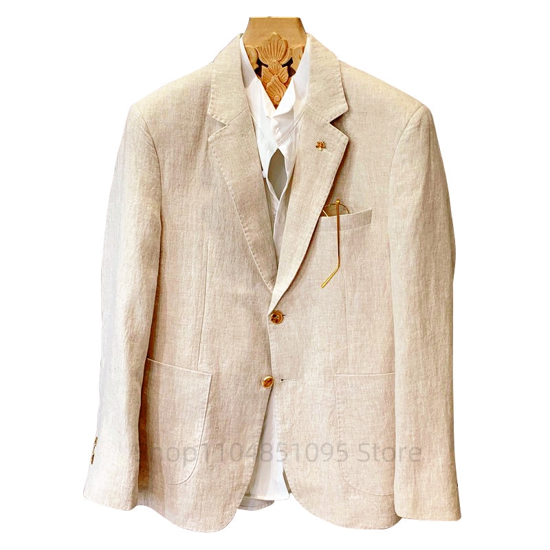 Men Formal Wear Top - Beige Men Suit Linen Blazers Jackets