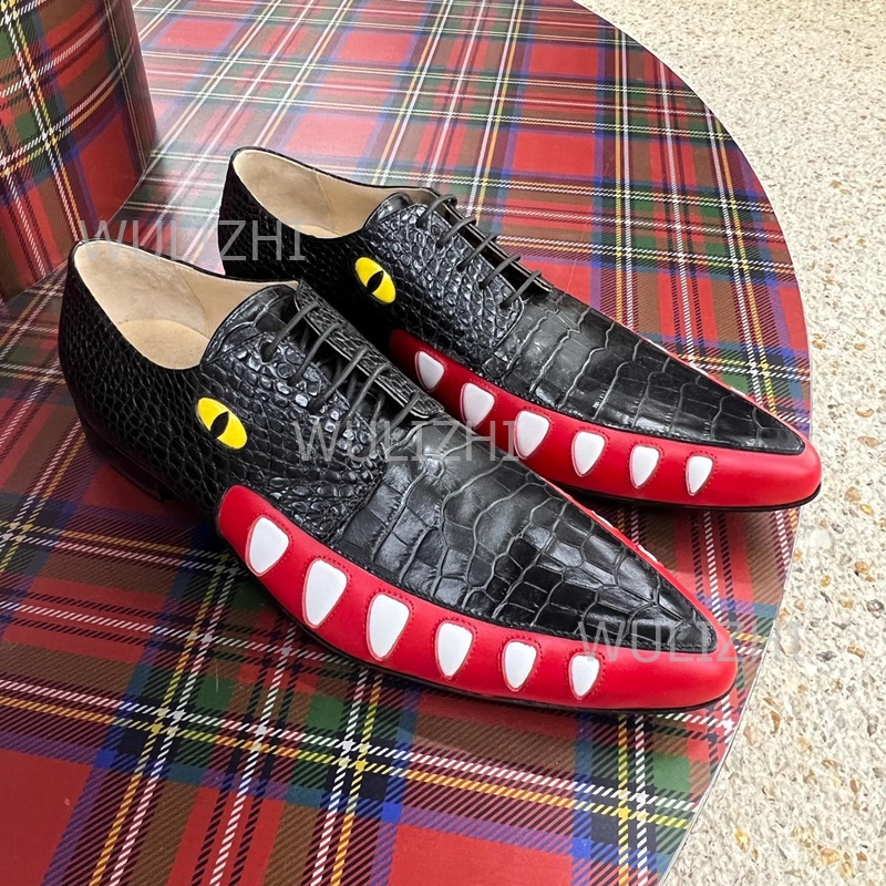 Patent Leather Oxford - Men's Stone Pattern Black Leather Teeth