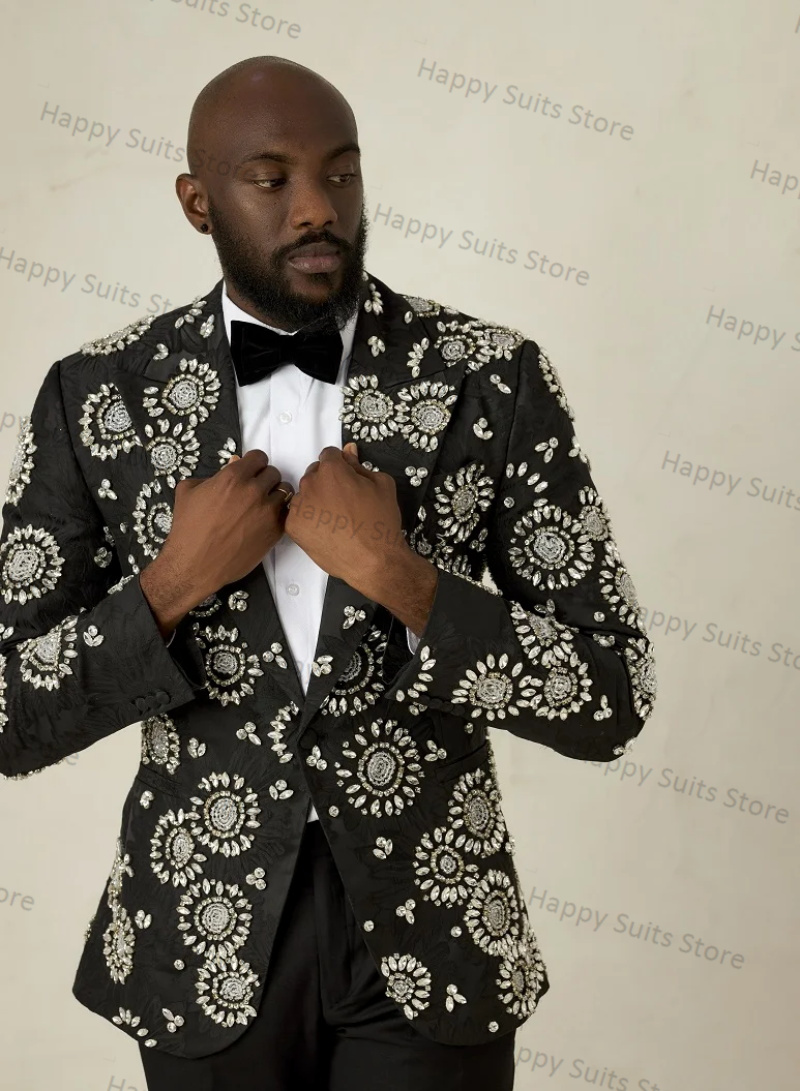Crystals Black Groom Men Suit  - Formal Wear Jersey For Men 评论和价格