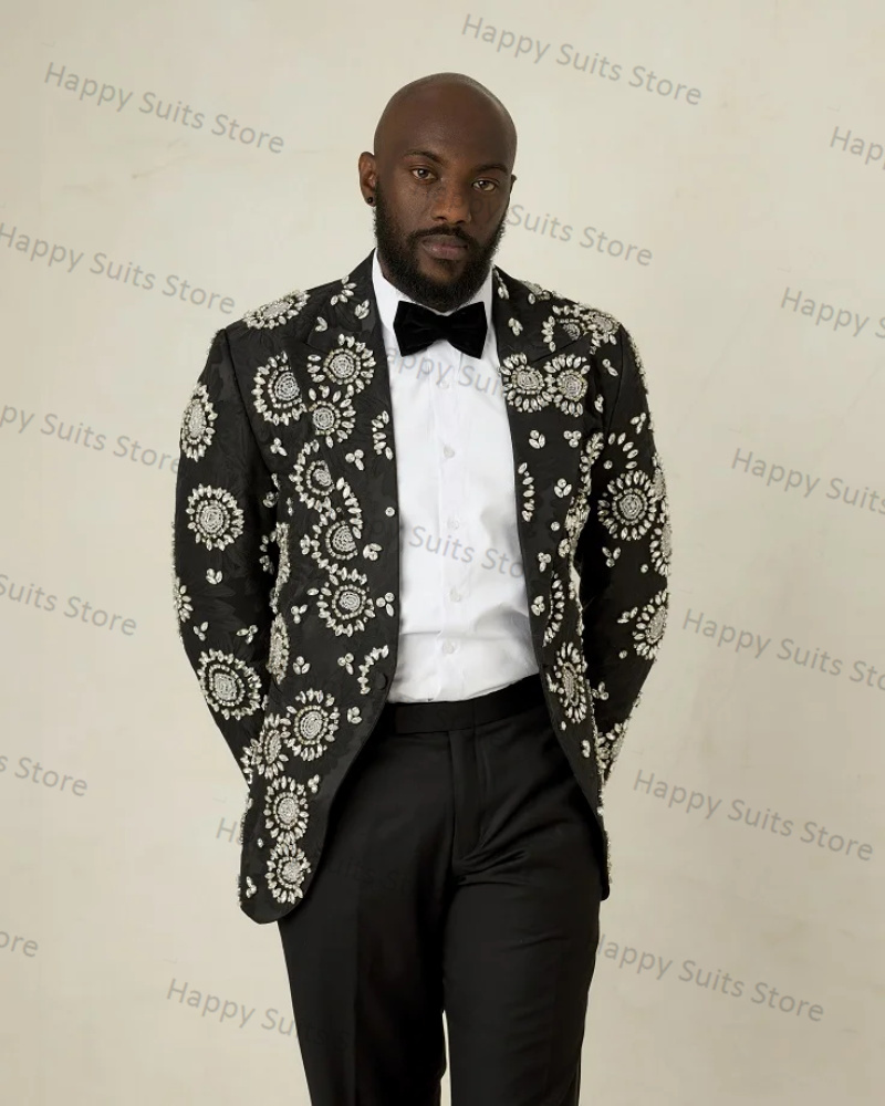 Crystals Black Groom Men Suit  - Formal Wear Jersey For Men 评论和价格
