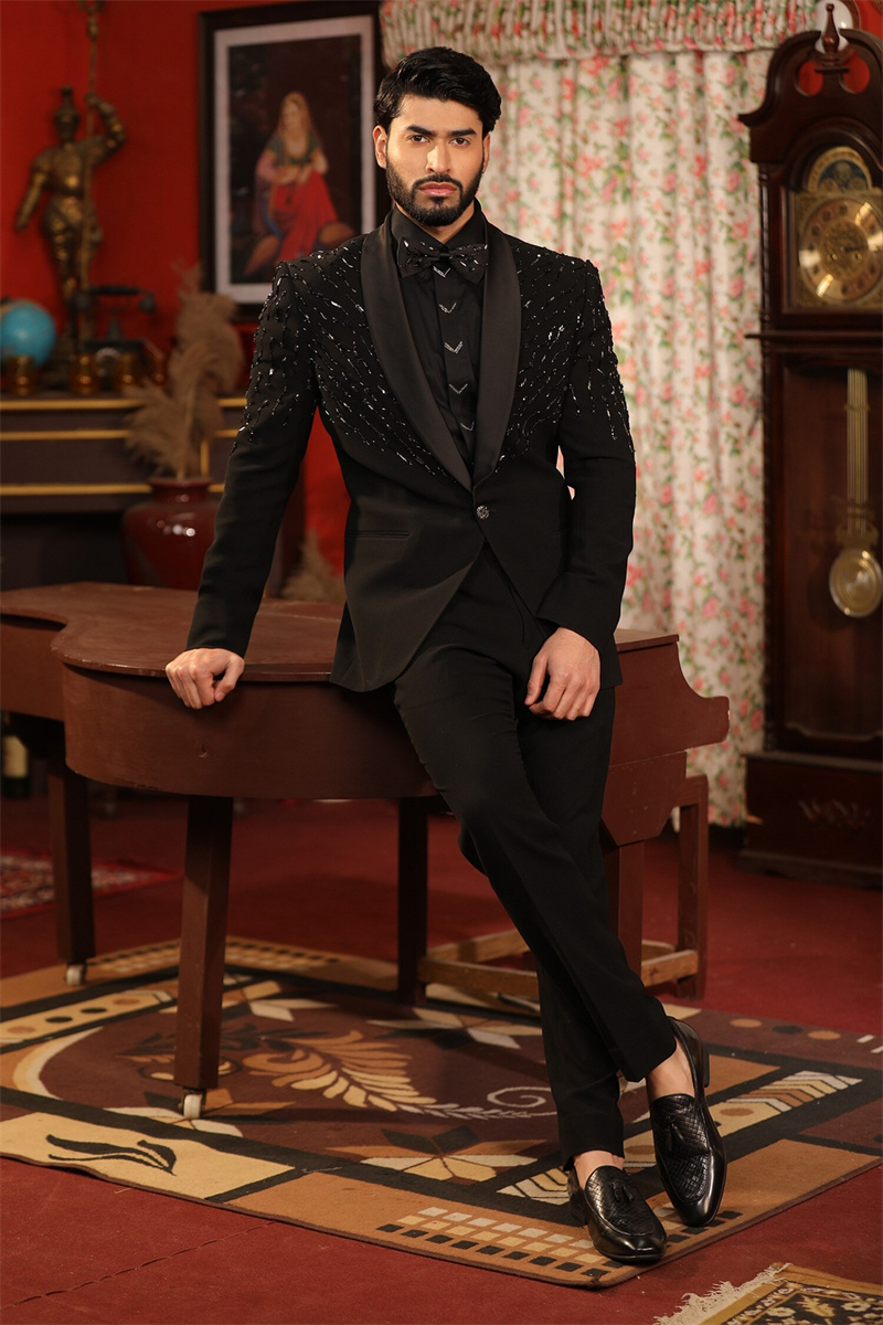 Crystals Black Men Suit Set 2  - Formal Wear Jersey For Men 评论和价格