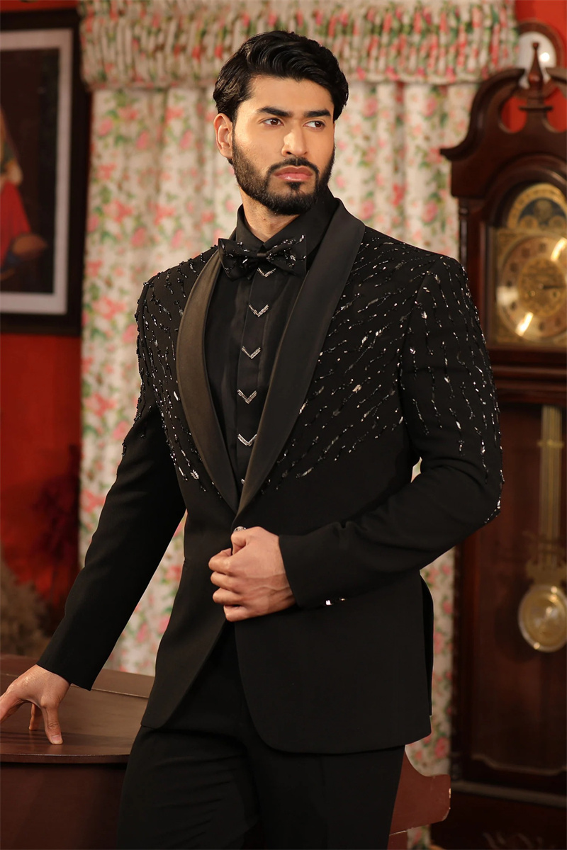 Crystals Black Men Suit Set 2  - Formal Wear Jersey For Men 评论和价格